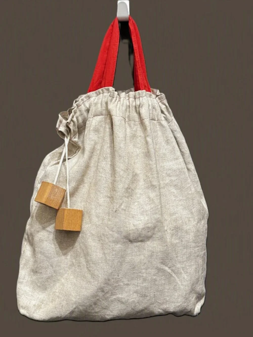 Double Handle Pouch Bag with Wood Block Aglet Drawcord, Natural Canvas